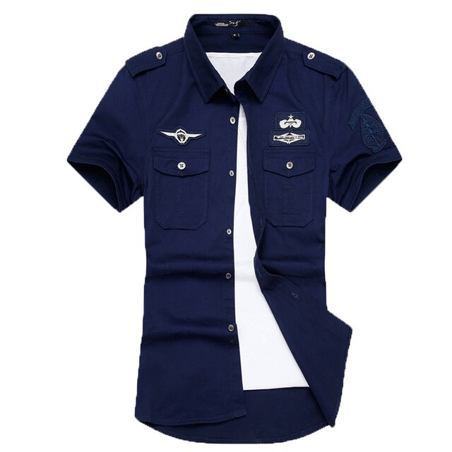 Summer Men Casual Shirt Short Sleeve Cotton Turn Down Collar Designer  Shirts Military Style Blue Black Army EN8 S : : Fashion